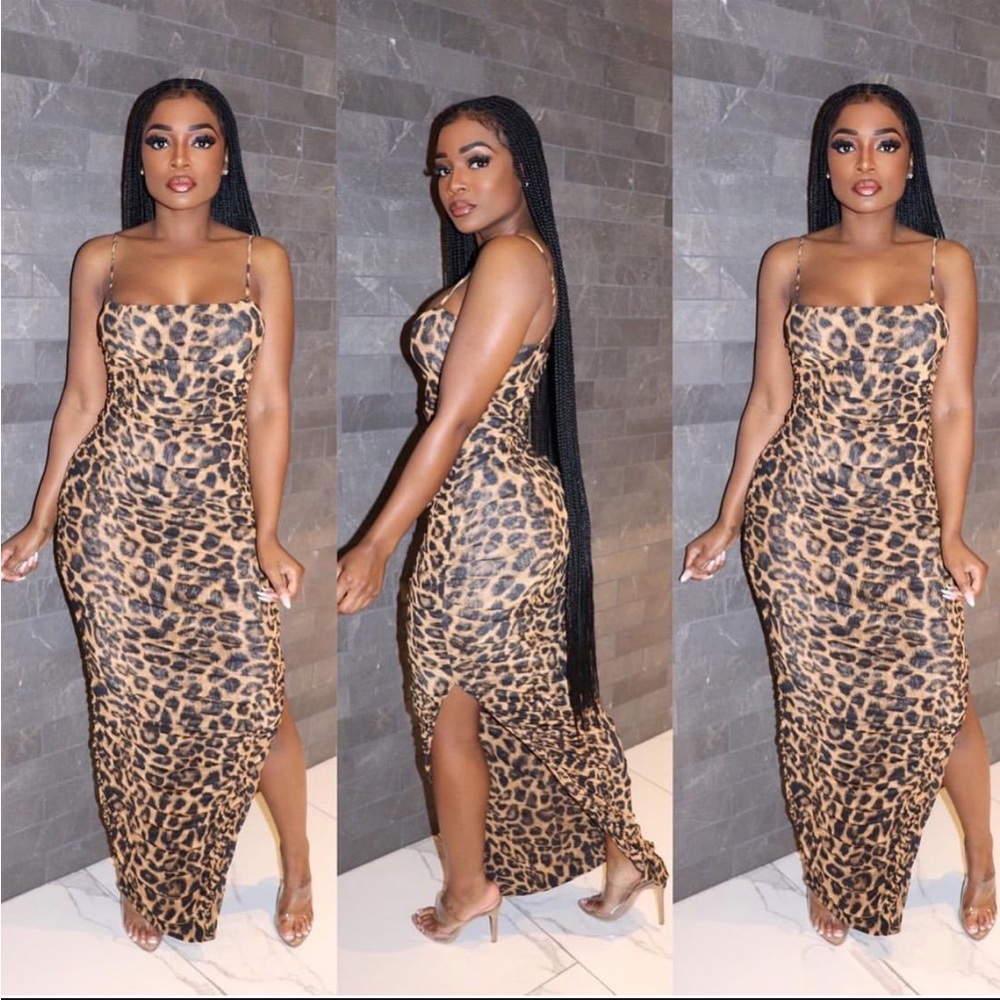 EUC Luxe Life Boutique Leopard Print Spaghetti Strap Maxi Dress - Slit - Large